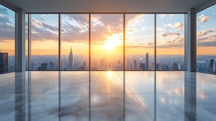 Fototapeta premium Empty office room with panoramic windows view on the city skyline at sunset