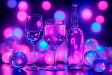 Neon lit wine glasses and bottle glowing against a vibrant purple and blue background capturing the essence of a futuristic party atmosphere with bold colors