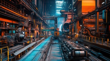 Fototapeta premium steel production, heavy industry, factory, industrial, metal manufacturing, furnaces, heavy machinery, large-scale production, metallurgy, fabrication, advanced manufacturing, foundry, hot metal, indu