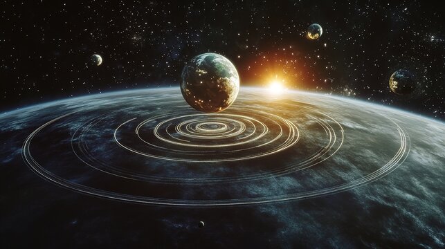 An intricate depiction of celestial bodies, showcasing the Earth and the Sun (or the Moon and Earth) alongside their Lagrange points. 