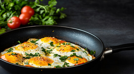 Top view of a sizzling Shakshuka in a frying pan set against a dark background with ample copy space image