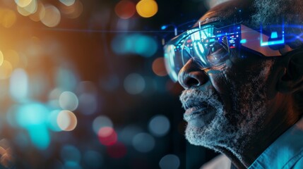 An elderly man wearing futuristic glasses engages with a digital interface, surrounded by vibrant blue and orange lighting. His expression reflects deep focus as he explores a high-tech environment.