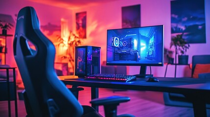 An immersive gaming setup with neon lights and a sleek gaming chair, perfect for gaming enthusiasts and streamers.