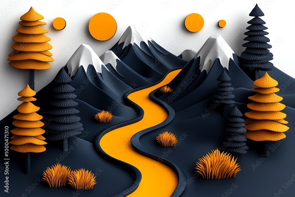 Poster minimal hiking trail design, with abstract shapes representing a winding path through the woods, sur