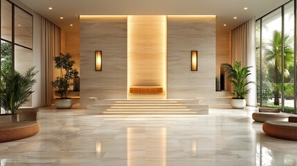 Modern minimalist interior design of a luxurious hotel lobby