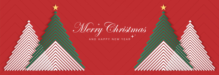 Merry Christmas banner. White and green christmas tree on red background. Modern design. Suit for greeting card, invitation, cover, poster, party, backdrop, holiday banner, flyer, brochure