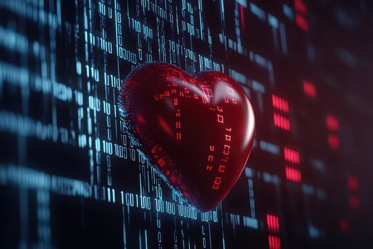 Digital heart symbol surrounded by binary code on a dark background.