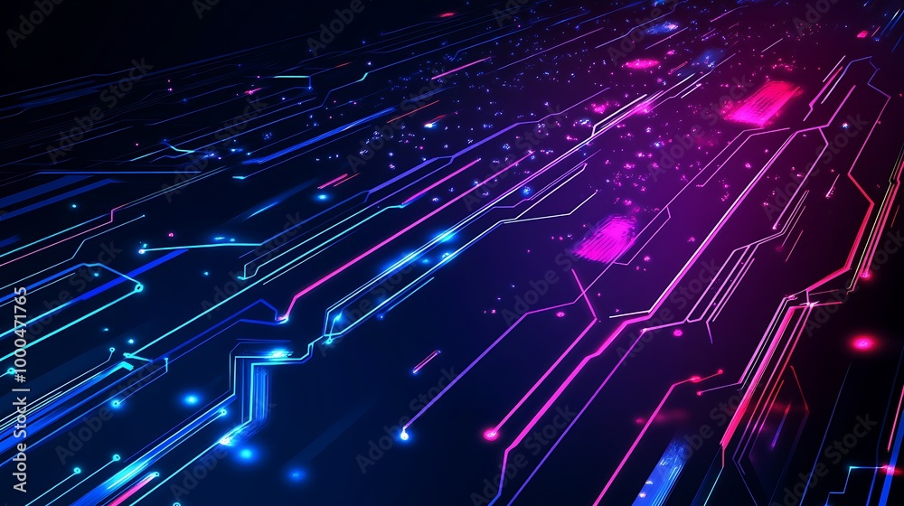 Poster Abstract digital circuit board with glowing lines and particles.