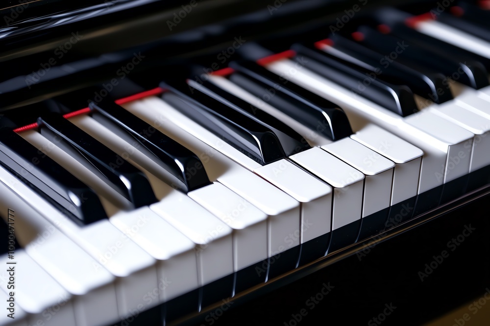 Poster minimal piano key design, with simple black and white lines representing the keys of a piano in a mo