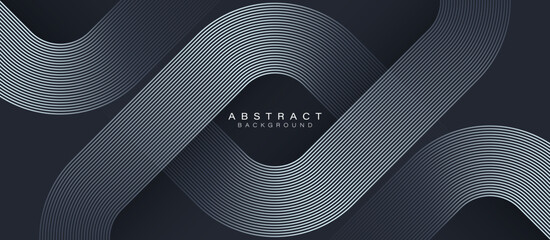 Abstract silver geometric lines on black background. Shiny lines pattern. Modern elegant graphic design. Suit for banner, cover, poster, brochure, booklet, flyer, card, website. Vector illustration