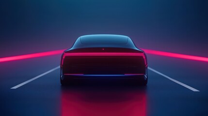 Naklejka premium Futuristic car design with neon lights in a dimly lit environment.