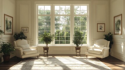 Obraz premium Bright and airy living room interior with large windows and sunlight streaming in