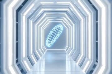 Obraz premium Futuristic corridor with glowing neon elements and sleek lines.