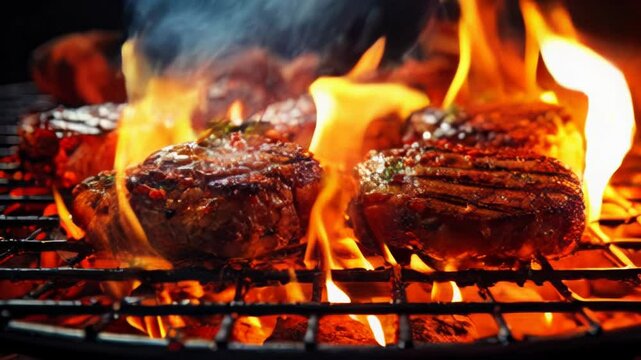 colorful, tasty meat burger with fire in background, fast food concept