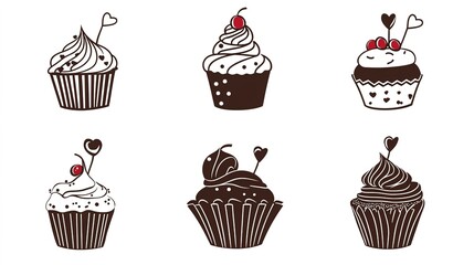 A delightful set of colorful cupcakes arranged against a clean white background, showcasing a variety of flavors and decorations. Each cupcake features unique frosting designs and toppings, 