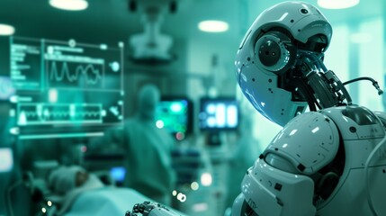 A sleek, humanoid AI robot monitors a patient in a modern, high-tech hospital. The futuristic medical setting highlights the integration of AI in healthcare, showcasing advanced technology and robotic