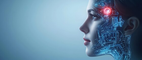 Futuristic female cyborg profile with digital circuitry elements.
