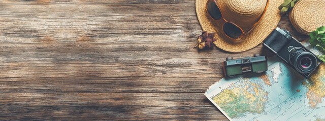 Travel-themed banner with sunglasses, a hat, a camera, and a map on a wooden background, featuring ample copy space on the right for promotional text.