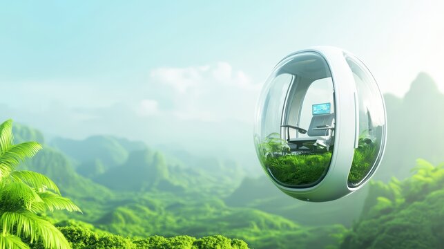 Futuristic float pod in a lush green landscape with mountains.