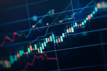 Close-up of a stock market graph on a dark blue screen, showing an upward trend with candlestick charts and green bar candles. Ideal for finance and investment themes.