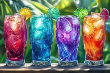 Colorful rainbow cocktails in tall glasses garnished with lime wedges set against a tropical outdoor backdrop with lush greenery and bright sunlight