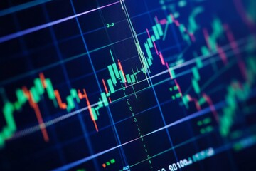 Fototapeta premium Close-up of a stock market graph on a dark blue screen, showing an upward trend with candlestick charts and green bar candles. Ideal for finance and investment themes.