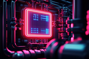 Futuristic neon circuit design with glowing square on dark background.