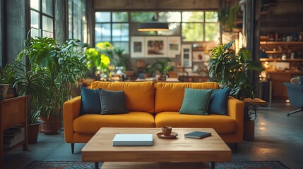 Fototapeta premium Modern living room interior design with yellow sofa, plants, wooden coffee table and blue pillows