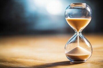Hourglass with sand falling, symbolizing time passage, on wooden table with blurred background.