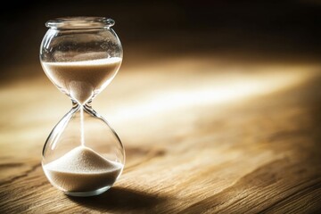 Hourglass with sand falling, symbolizing time passage, on wooden table with blurred background.