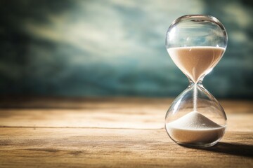 Hourglass with sand falling, symbolizing time passage, on wooden table with blurred background.