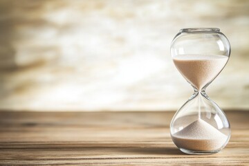 Hourglass with sand falling, symbolizing time passage, on wooden table with blurred background.