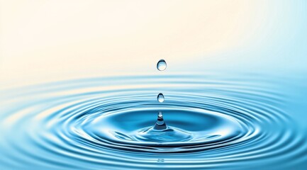 Water droplet creating ripples in a blue water background, high-resolution, cinematic lighting, hyper-realistic details.