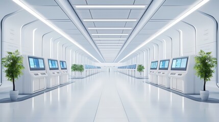 Futuristic technology hallway with interactive kiosks and greenery.