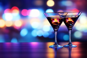 Pair of martini glasses with neon blue drinks set against a blurred colorful nightlife background evoking energy fun and modern style
