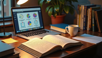 Cozy university study desk setup with open books, laptop displaying analysis dashboard and cup of coffee under warm lamp light for afternoon or late night academic and research homework sessions.
