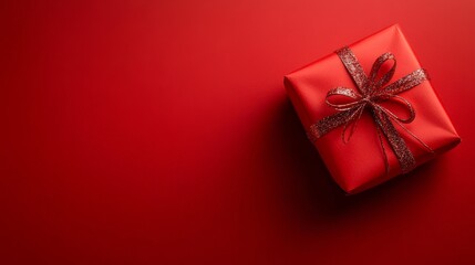 A red Christmas ornament and a beautifully wrapped gift on a bright red background create a minimalist festive atmosphere for the holiday season