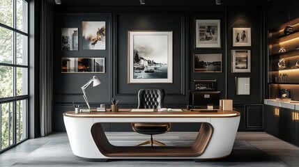 Modern office interior featuring an elegant desk, stylish chair, and artistic wall decor, perfect for a productive workspace.