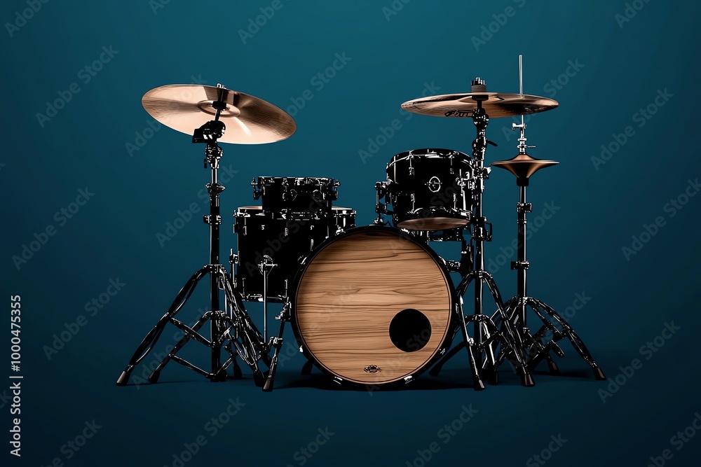 Poster minimalist drum set icon, with simple, sleek shapes representing a drum kit in a bold, modern style,