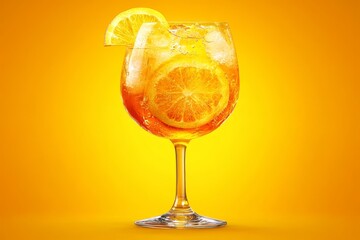 Bright orange cocktail with large ice cubes and citrus slices set against a vivid yellow backdrop exuding warmth vibrancy and summer freshness