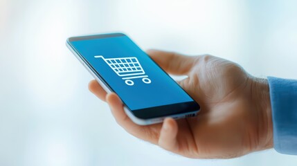 Hand holding smartphone displaying online shopping cart icon, blurred background