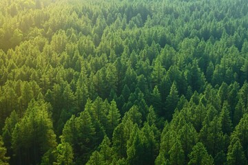 Obraz premium Aerial view of a dense pine forest with sunlight filtering through the lush green canopy, showcasing various shades of green and a tranquil, natural landscape in the background.