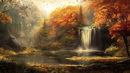 Fototapeta premium A stunning fall-themed wallpaper showcasing the vibrant colors of autumn foliage. Rich reds, oranges, and yellows blend beautifully against a serene landscape, capturing the essence of the season.