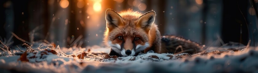 Fototapeta premium Fox in the snow, dynamic and serene, Nature, Cool tones, Photograph, Winter wildlife
