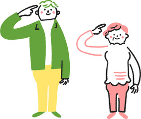 頭部を指指す若い男性とシニア女性　セットのストックイラスト素材
