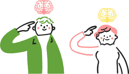 脳を指指す若い男性とシニア女性　セットのストックイラスト素材
