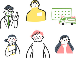 シニアを見守る人的医療体制　セットのストック素材
