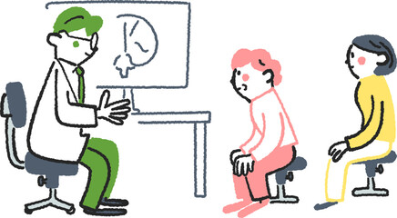 脳の状態について医師に診断を受けるシニア女性と家族　ストックイラスト素材
