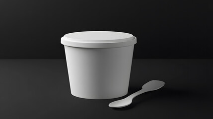 Minimalist White Food Container with Spoon on Black Background