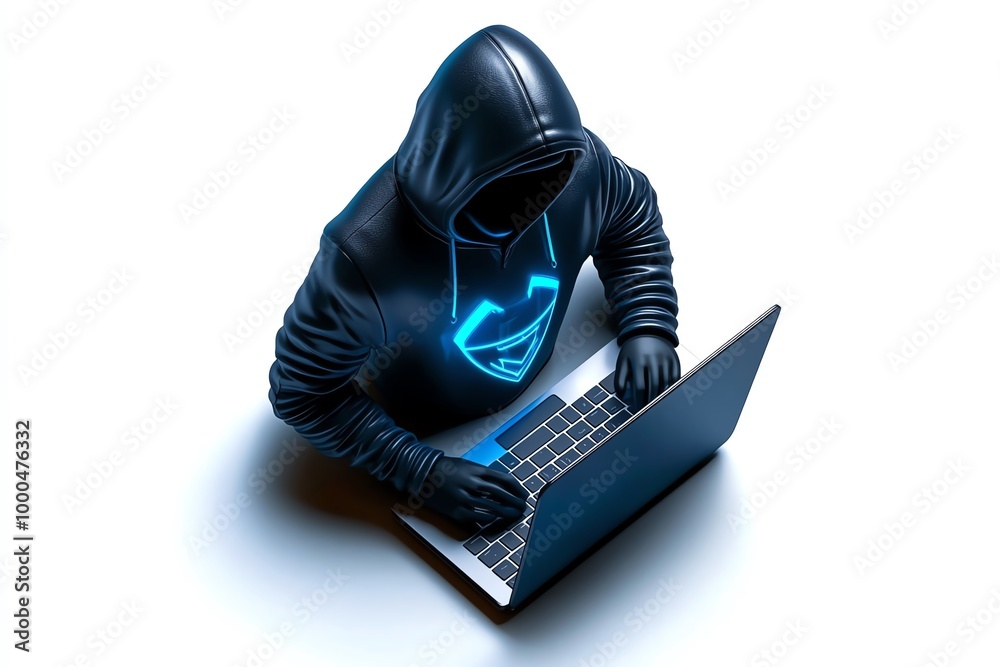 Poster minimalist hacker icon, with a sleek, simple design of a hooded figure and a laptop, representing di